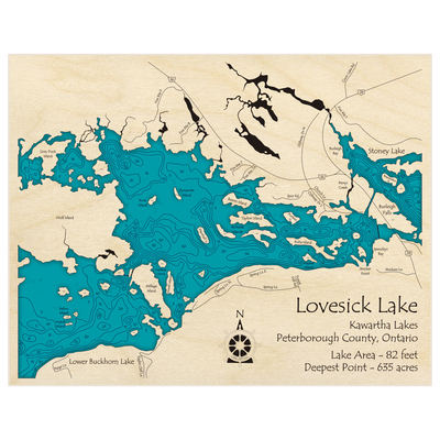 Bathymetric topo map of Lovesick Lake with roads, towns and depths noted in blue water