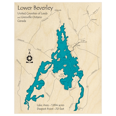 Bathymetric topo map of Lower Beverley Lake with roads, towns and depths noted in blue water