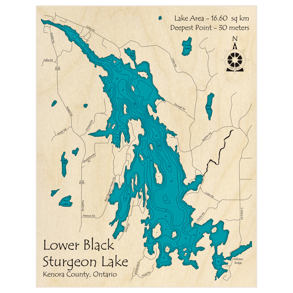 Bathymetric topo map of Lower Black Sturgeon Lake with roads, towns and depths noted in blue water