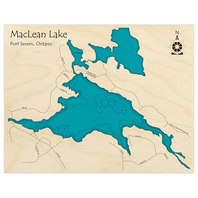 Bathymetric topo map of MaClean Lake with roads, towns and depths noted in blue water