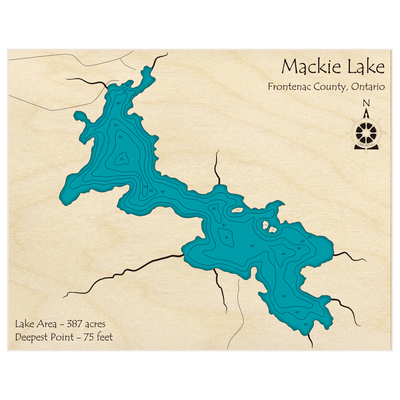 Bathymetric topo map of Mackie Lake with roads, towns and depths noted in blue water