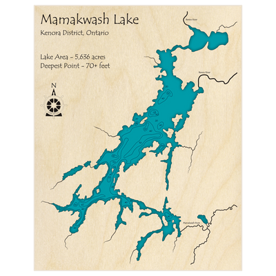 Bathymetric topo map of Mamakwash Lake with roads, towns and depths noted in blue water