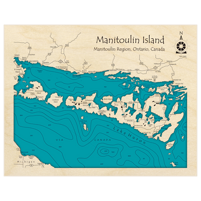 Bathymetric topo map of Manitoulin Island with roads, towns and depths noted in blue water