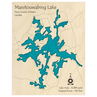 Bathymetric topo map of Manitouwabing Lake with roads, towns and depths noted in blue water