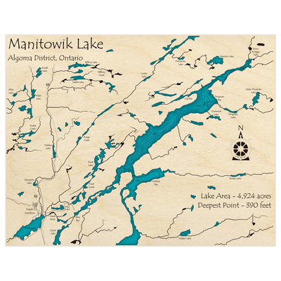 Bathymetric topo map of Manitowik Lake with roads, towns and depths noted in blue water