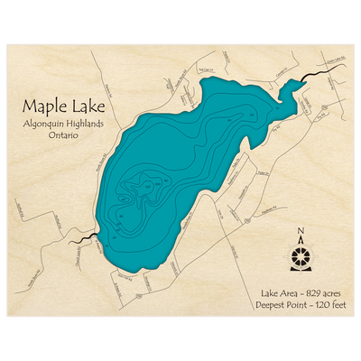 Bathymetric topo map of Maple Lake with roads, towns and depths noted in blue water