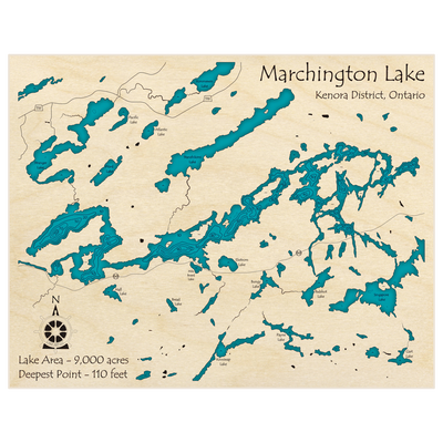 Bathymetric topo map of Marchington Lake with roads, towns and depths noted in blue water