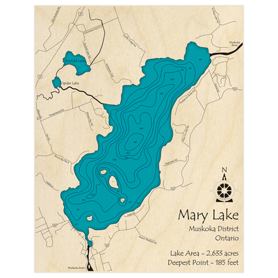 Bathymetric topo map of Mary Lake with roads, towns and depths noted in blue water