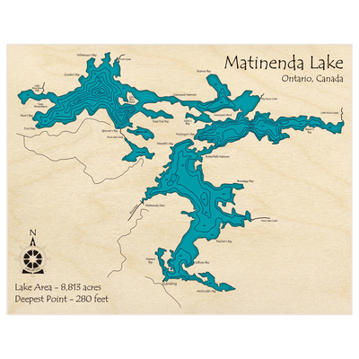 Bathymetric topo map of Matinenda Lake with roads, towns and depths noted in blue water