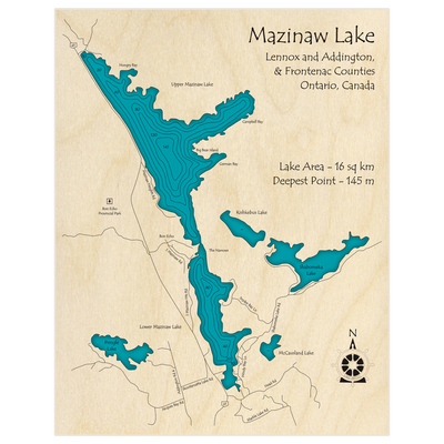 Bathymetric topo map of Mazinaw Lake with roads, towns and depths noted in blue water