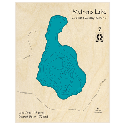 Bathymetric topo map of McInnis Lake with roads, towns and depths noted in blue water