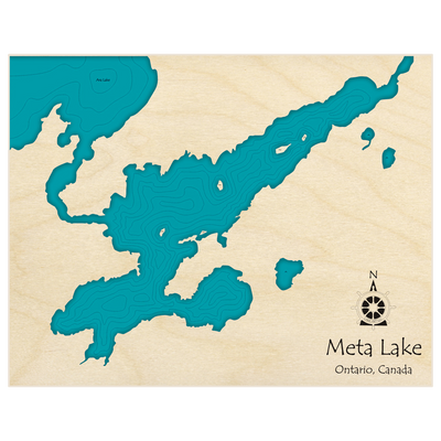 Bathymetric topo map of Meta Lake  with roads, towns and depths noted in blue water