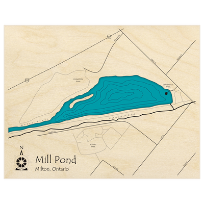 Bathymetric topo map of Mill Pond  with roads, towns and depths noted in blue water