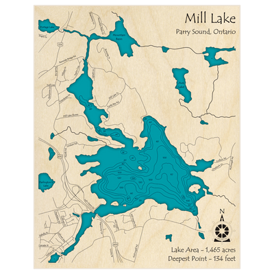 Bathymetric topo map of Mill Lake with roads, towns and depths noted in blue water