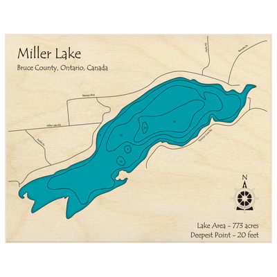 Bathymetric topo map of Miller Lake with roads, towns and depths noted in blue water