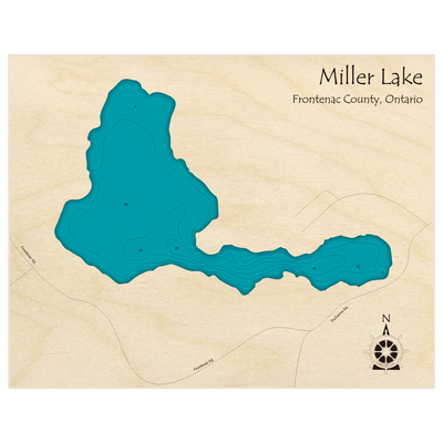 Bathymetric topo map of Miller Lake with roads, towns and depths noted in blue water