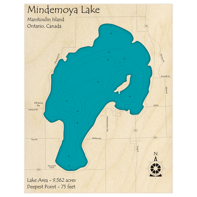 Bathymetric topo map of Mindemoya Lake with roads, towns and depths noted in blue water