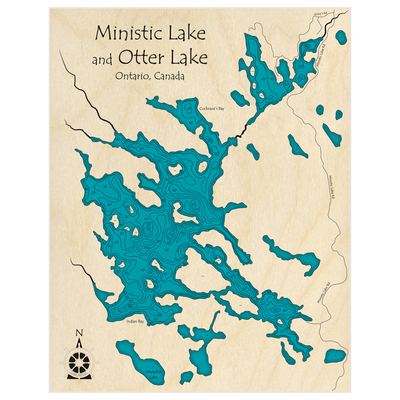 Bathymetric topo map of Otter Lake and Ministic Lake with roads, towns and depths noted in blue water