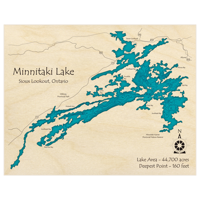 Bathymetric topo map of Minnitaki Lake with roads, towns and depths noted in blue water