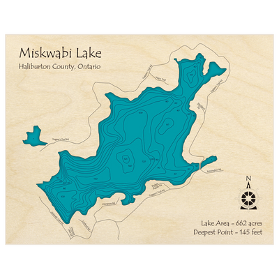 Bathymetric topo map of Miskwabi Lake with roads, towns and depths noted in blue water