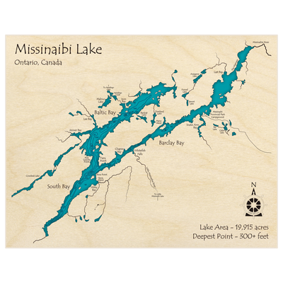 Bathymetric topo map of Missinaibi Lake with roads, towns and depths noted in blue water