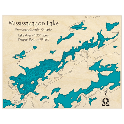 Bathymetric topo map of Mississagagon Lake with roads, towns and depths noted in blue water