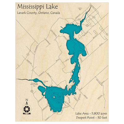 Bathymetric topo map of Mississippi Lake with roads, towns and depths noted in blue water