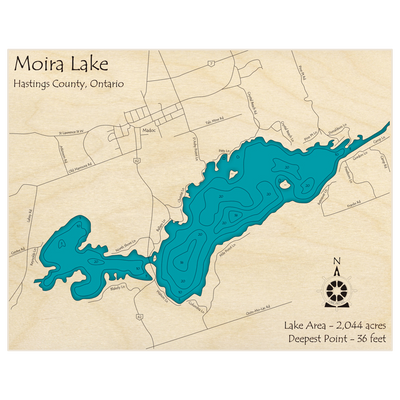 Bathymetric topo map of Moira Lake with roads, towns and depths noted in blue water