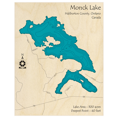 Bathymetric topo map of Monck Lake with roads, towns and depths noted in blue water