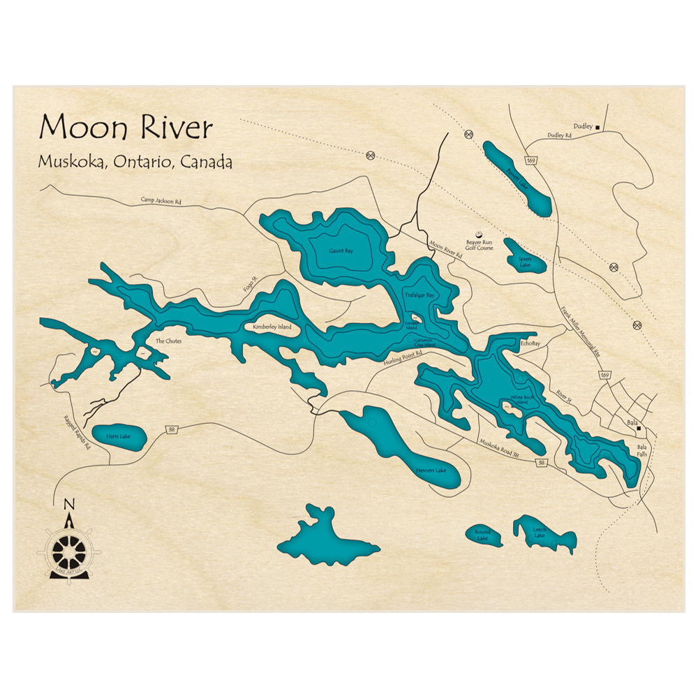 Bathymetric topo map of Moon River  with roads, towns and depths noted in blue water