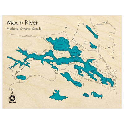 Bathymetric topo map of Moon River  with roads, towns and depths noted in blue water