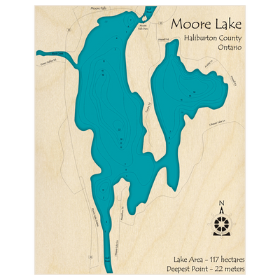 Bathymetric topo map of Moore Lake with roads, towns and depths noted in blue water