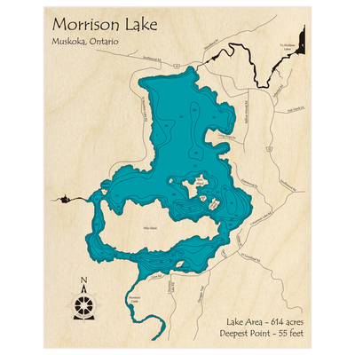 Bathymetric topo map of Morrison Lake with roads, towns and depths noted in blue water