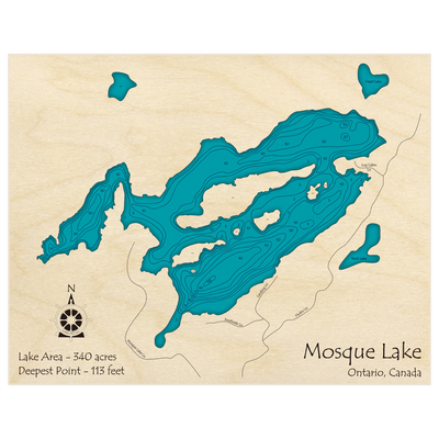 Bathymetric topo map of Mosque Lake with roads, towns and depths noted in blue water