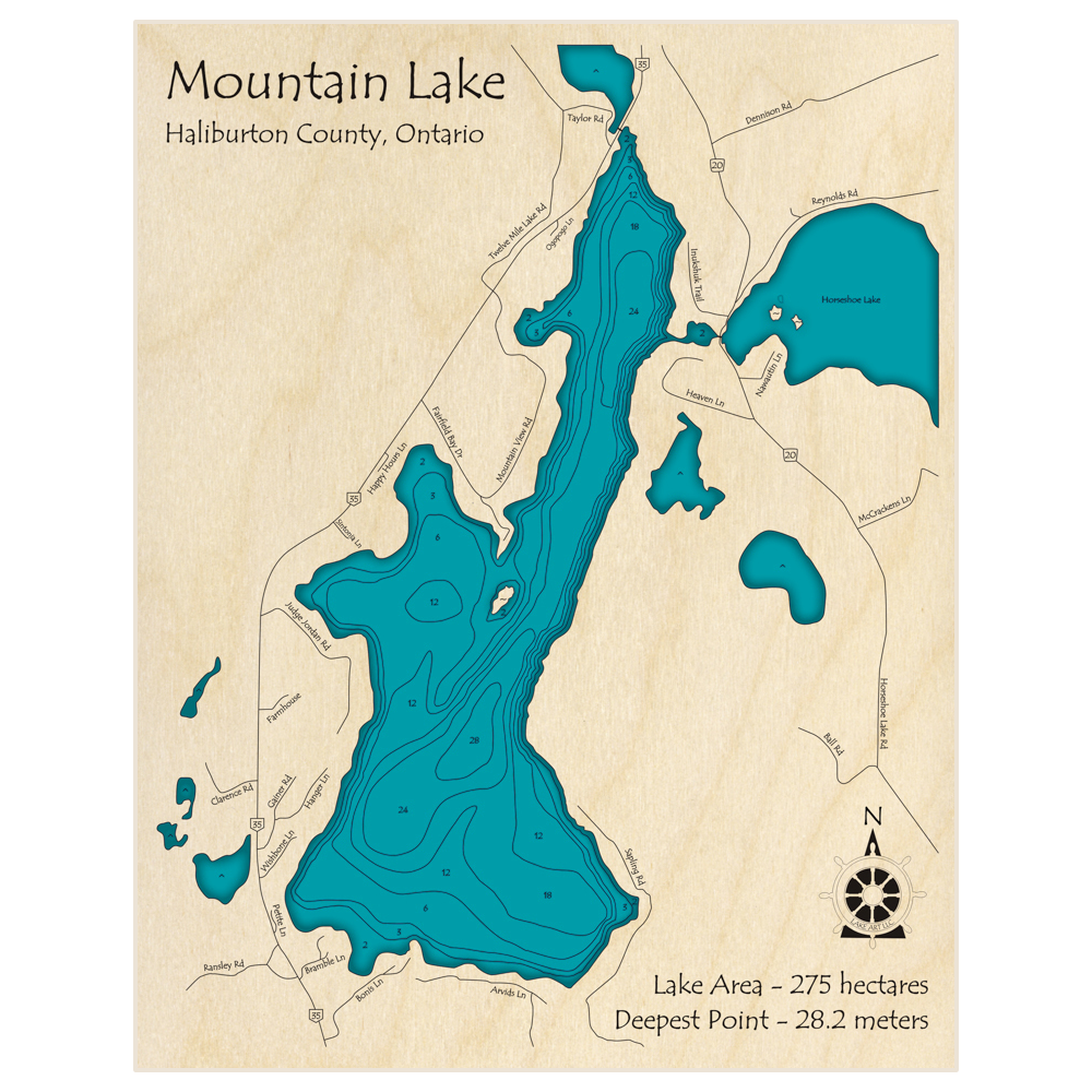 Bathymetric topo map of Mountain Lake with roads, towns and depths noted in blue water