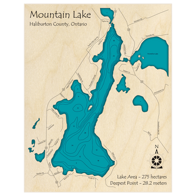 Bathymetric topo map of Mountain Lake with roads, towns and depths noted in blue water