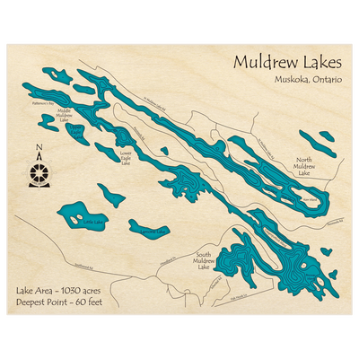 Bathymetric topo map of Muldrew Lakes with roads, towns and depths noted in blue water