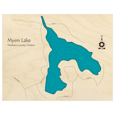 Bathymetric topo map of Myers Lake with roads, towns and depths noted in blue water