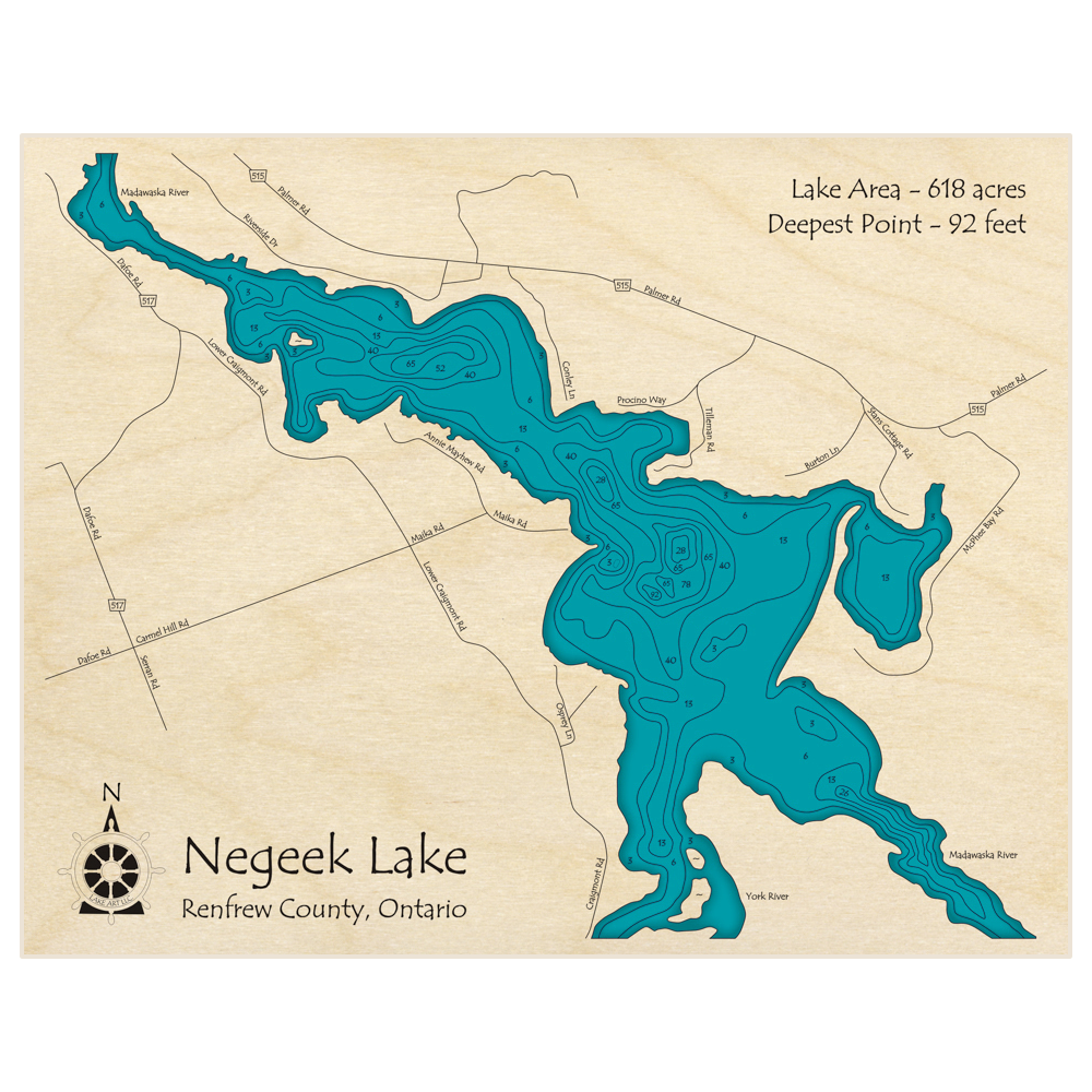 Bathymetric topo map of Negeek Lake with roads, towns and depths noted in blue water