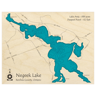 Bathymetric topo map of Negeek Lake with roads, towns and depths noted in blue water