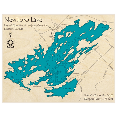 Bathymetric topo map of Newboro Lake with roads, towns and depths noted in blue water