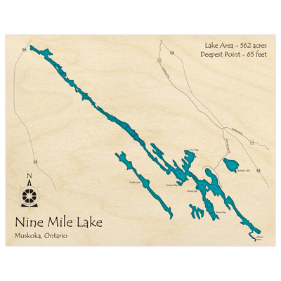 Bathymetric topo map of Nine Mile Lake with roads, towns and depths noted in blue water