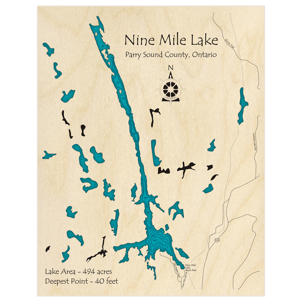 Bathymetric topo map of Nine Mile Lake with roads, towns and depths noted in blue water