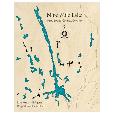 Bathymetric topo map of Nine Mile Lake with roads, towns and depths noted in blue water