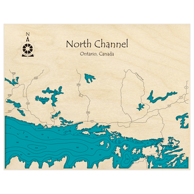 Bathymetric topo map of North Channel (Iron Bridge to Little Current) with roads, towns and depths noted in blue water