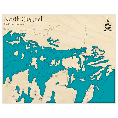 Bathymetric topo map of North Channel (Advance to Killarney) with roads, towns and depths noted in blue water