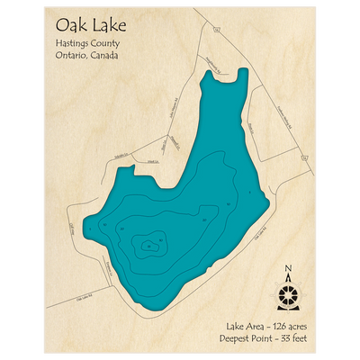 Bathymetric topo map of Oak Lake with roads, towns and depths noted in blue water