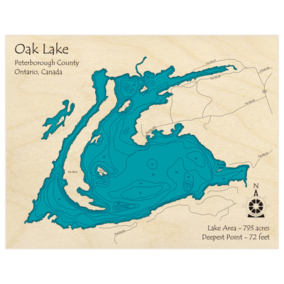 Bathymetric topo map of Oak Lake with roads, towns and depths noted in blue water