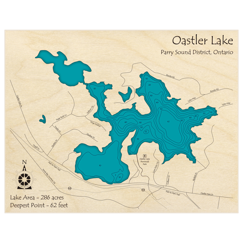 Bathymetric topo map of Oastler Lake with roads, towns and depths noted in blue water