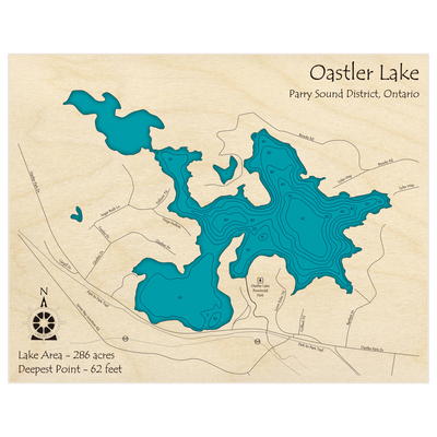 Bathymetric topo map of Oastler Lake with roads, towns and depths noted in blue water